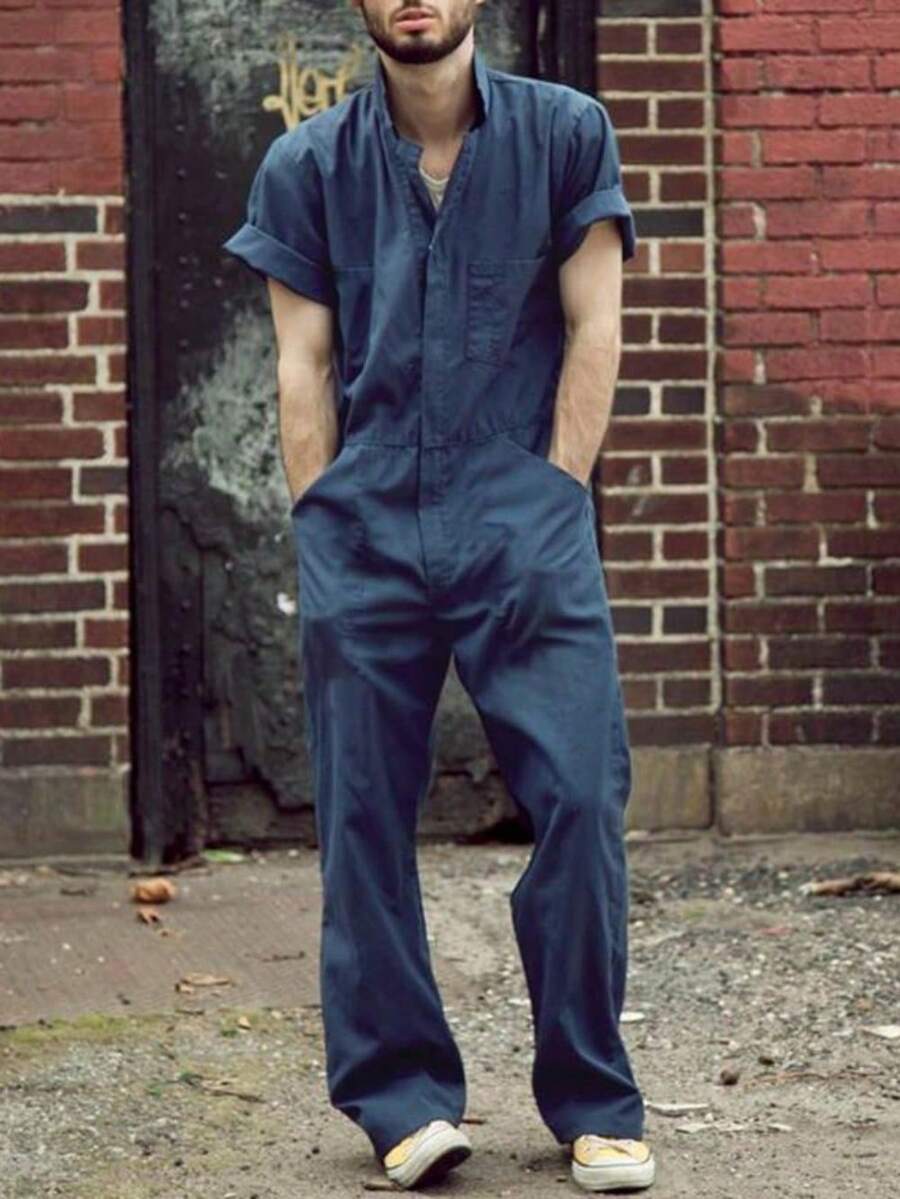 European & American  Cross  Border Men's Lapel Multi  Pocket Button Short  Sleeve Loose Workwear Long  Pant Jumpsuit