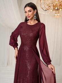 Elisanya Damen formales, elegantes und luxuriöses Chiffonkleid mit Pailletten und Langarm für Bankette