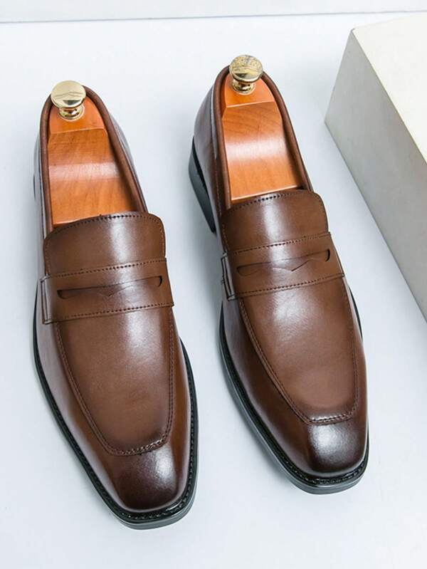 Men's Square Toe Flat Business Formal Leather Loafers, Brown Square Toe Slip-On Suitable For Daily Life & Party, Summer