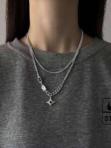 1 件双层星星颈链，男女款毛衣链，波西米亚风格，情侣礼物，派对，旅行纪念品，生日礼物，男士珠宝 - 銀色 - 查看 4