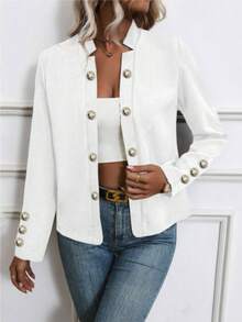 Áo khoác nữ màu trơn, tay dài, cài cúc phía trước, chất liệu nhẹ, thích hợp cho mùa xuân/thu. Màu trắng. - trắng - Xem 2