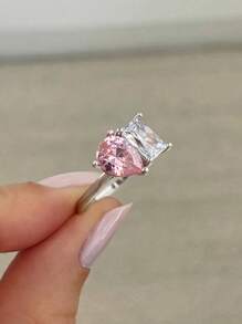 ESBERRY 1pc 925 Sterling Silver Personalized Fashion Irregular Zirconia Ring, Women's Jewelry, Exquisite Jewelry, Women's Dating Gift - Square Teardrop Pink Zirconium Ring - View 3