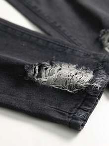 Men's Embroidered Ripped Stretch Jeans, Motorcycle Emblem Embroidery Stretch Skinny Jeans - Black - View 5
