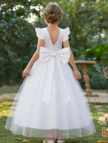 Tween Girls High-End Cap Sleeve Backless Pearl Detachable Bow Tulle Princess Dress, Suitable For Teenager Bridesmaid Prom Party Wedding - White - View 2