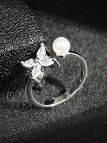 MOONSO 1 anel elegante de zircônia e pérola ajustável, estilo aberto, para mulheres, versátil para festas e reuniões