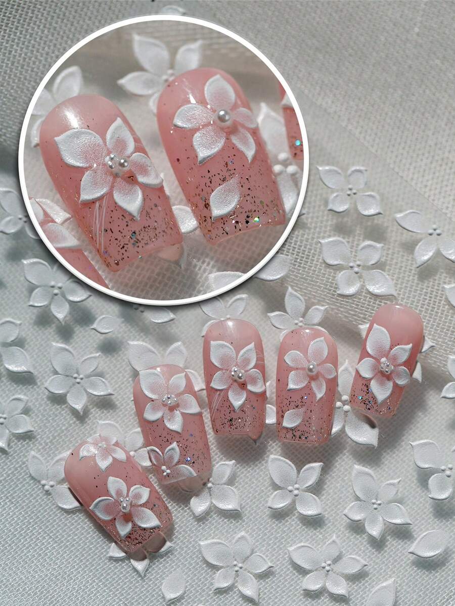 1 Conjunto de Adesivos de Unha em Formato de Flor Branca Translúcida de Cristal Puro, Estilo Fada Chinesa com Relevo 3D - Branco - Ver 1