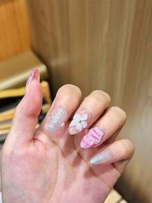 10件/組夢幻3D貝殼杏仁形穿戴甲，法式海星貝殼與3D花卉美甲，適合海邊度假，3D凝膠美甲貼片，全覆蓋假指甲，適合女性與女孩日常配戴與派對，美甲用品，旅行用品 - 彩色 - 查看 3