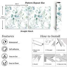 1 卷现代波西米亚风格绿/白桉树叶花朵图案自粘防水壁纸,易撕易贴,可移除壁纸,乙烯基接触纸,适用于住宅墙板墙面家居装饰、卧室客厅装饰、家具更新、浴室厨房楼梯桌面装饰,可租赁壁纸 - 彩色 - 查看 6