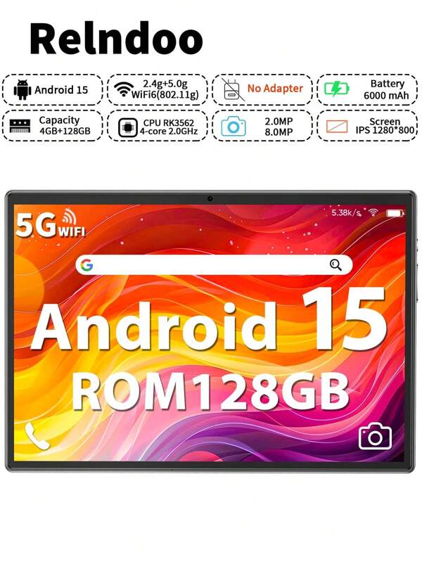 Relndoo Tablet Android 15 Tablet PC 10.1 Inch, (4GB+8GB)RAM+128GB ROM, RK3562 Quad-Core 2.0 GHz, 802.11n Wifi 2.4G/5G Wireless,2MP+8MP Dual Camera, 1280*800px HD Touchscreen, 6000mAh Long Battery Life, Supports 1TB SD Expansion,(No Adapter)