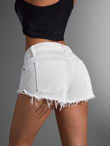 Jeanoix 斜口袋休闲毛边牛仔短裤 - 白色 - 查看 2