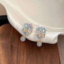 New Chinese Style Ancient Light Luxury Blue  Pearl Geometric Flower Bowknot Earrings Sweet Exquisite Fresh Ear Jewelry - Hoa tai hình cầu zircon xanh - Xem 1