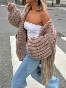 Live To Mo Fall Women Clothes Wear Mid-Length Dropped Shoulder Coarse Knit Cardigan Suitable For Back To School Eacher Outfits For Women Clothing Casual And Going Out Outfits - Brown - View 8