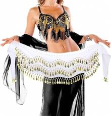 Chiffon Belly Dance Hip Scarf With 128 Coins For Yoga Class - White - View 7