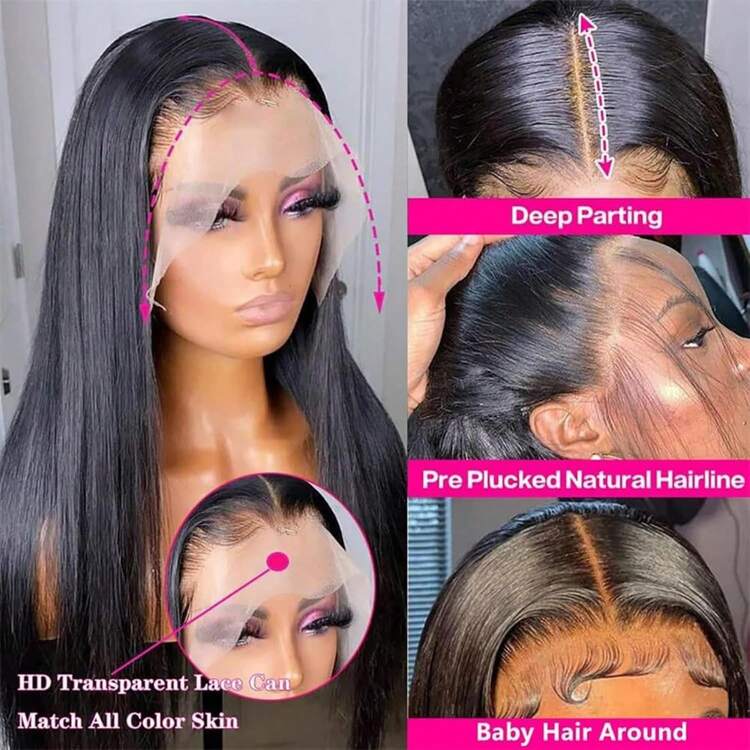 Bone Straight Human Hair Wig 13x4 HD Lace Frontal Wigs 250% Density 8-40 Inch Short Long Straight Lace Front Wigs Glueless Wig Pre Plucked With Baby Hair Brazilian Virgin Human Hair For Women - Natural Black - 查看 9
