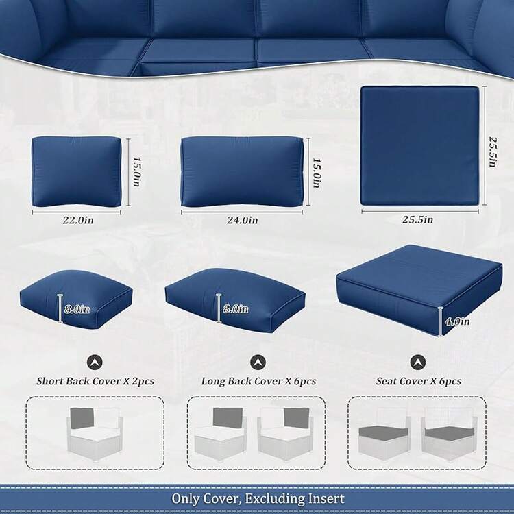 14 Pcs Outdoor Cushion Slipcovers Outdoor Patio Cushion Covers Waterproof With Zipper Outdoor Furniture, Patio Sofa Couch 3 Sizes, Covers Only - 藍色 - 查看 7