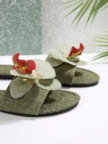 French Floral Strap Slip-On Flat Sandals For Women, New Summer Fashion Casual Outdoor Slide Slippers Suitable For Date, Shopping, Party, Beach Holiday, Home - Army Green - View 7