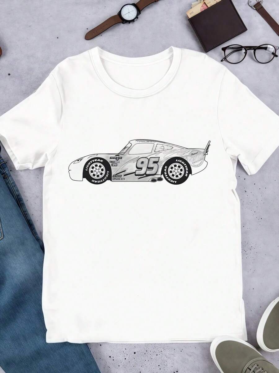 Cars McQueen Racing 95-T-Shirt Lightning , Men's T-Shirt With Round Neck, 220 G/M², For The Summer, Made Of Pure Cotton, Short Sleeves (1 Piece) - 白色 - 查看 1