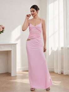 Women's Bodycon Cami Dress Solid Color Sheer Mesh Cutout Sleeveless Spaghetti Strap Long Dress - Hồng - Xem 4