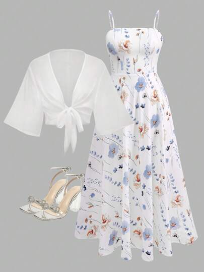 2 Pieces Women's Floral Chiffon Dress & Elegant Romantic Date Outfit