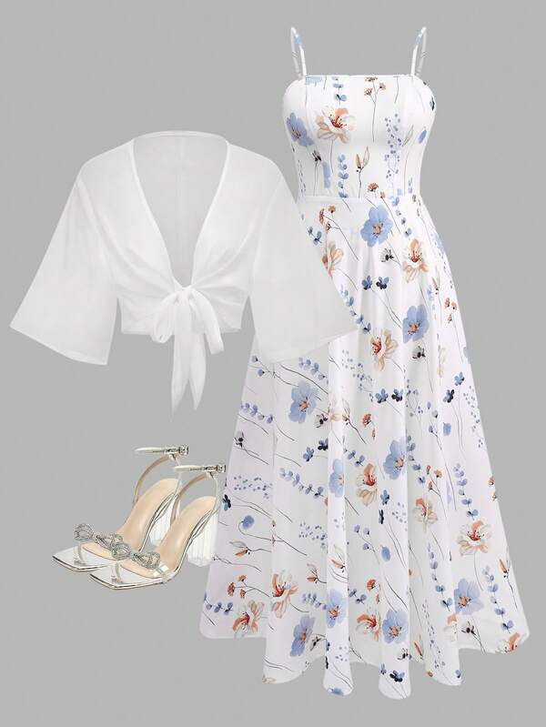 2 Pieces Women's Floral Chiffon Dress & Elegant Romantic Date Outfit