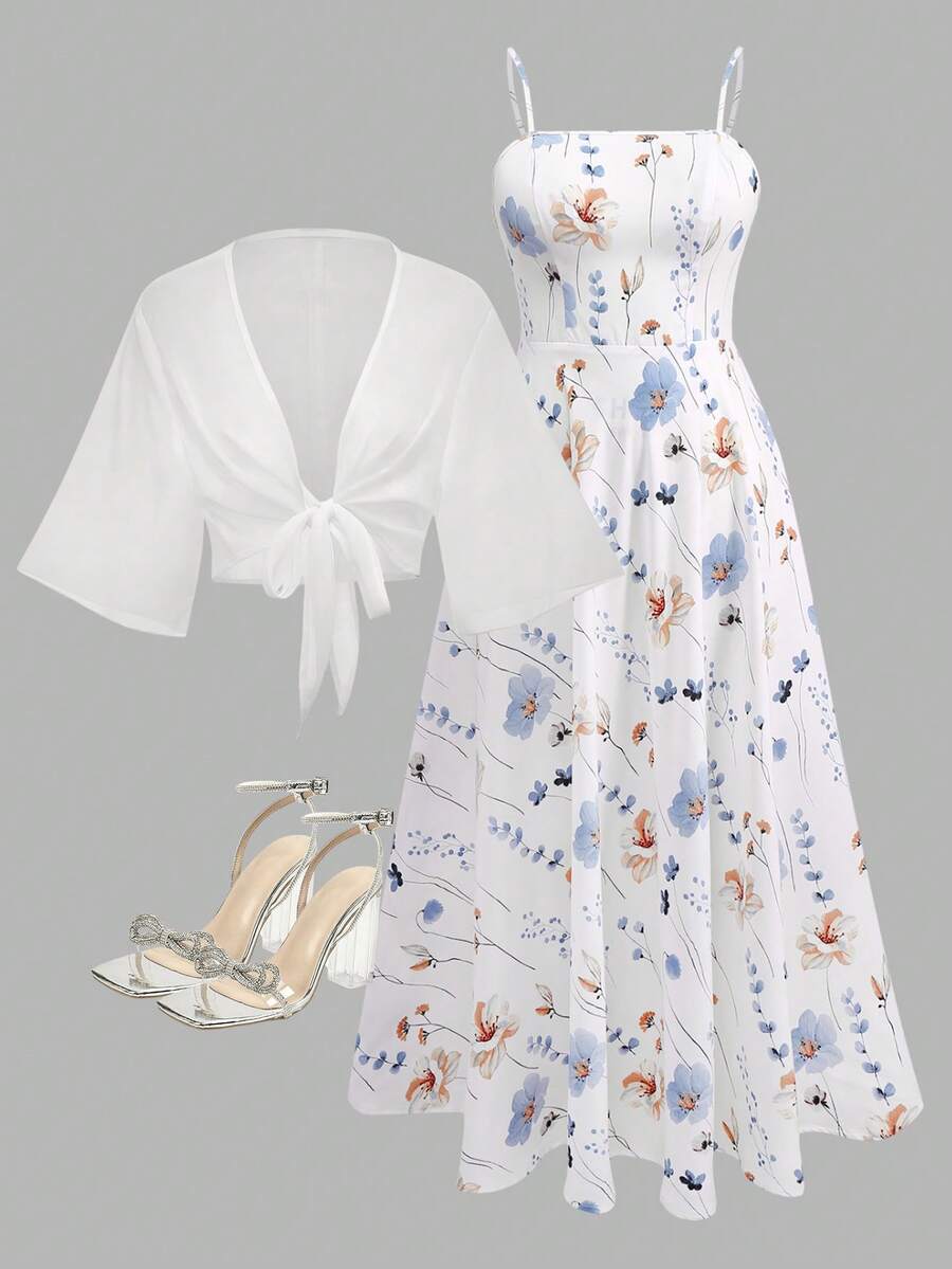 2 Pieces Women's Floral Chiffon Dress & Elegant Romantic Date Outfit