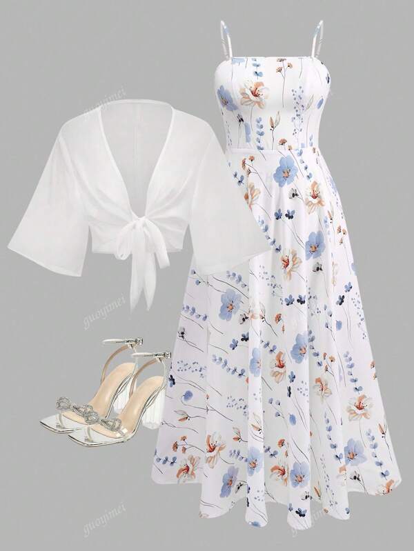 2 Pezzi Outfit Floreale In Chiffon Dress Ed Elegante Stile Romano Per Appuntamenti Donne