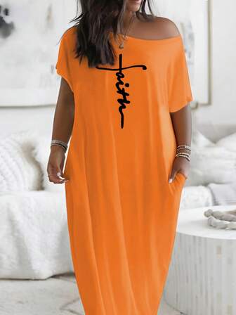 ChicMe 加大码女式字母印花斜领短袖长裙带口袋休闲宽松连衣裙适合日常家居服