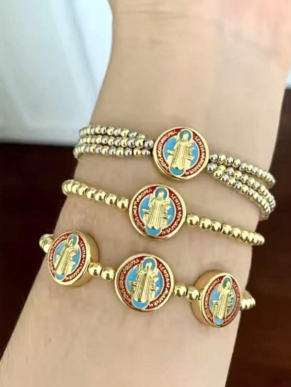 1 Peça Pulseira Banhada a Ouro 18k com Pingente Esmaltado de Santo para Mulheres e Homens, Pulseira de Contas Multicamadas Trançada, Joias de Nossa Senhora