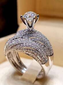 2pcs Luxury & Elegant Women's Sparkly Ring Set - Geometric Wedding Engagement Party Jewelry Accessory - Size 6-11