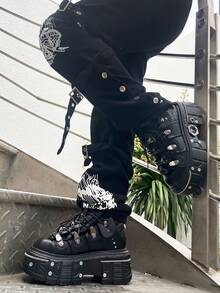 Fashion Women's Flat Platform Ankle Boots Black Round Toe High Heel Sneakers Thick Soft Sole Bottom Booties Lace-Up Metal Decor Halloween Y2K Style Sports Shoes - 黑色 - 查看 6