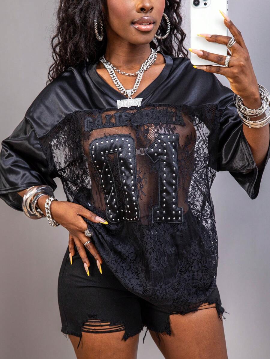 Camiseta de mujer de manga corta y cuello en V con letras de strass, transparente, para uso nocturno y fiestas