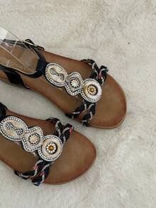 Women's Flat Sandals, Braided Rhinestone Design Beach Sandals, Bohemian Style, Suitable For Summer Vacation. - Black - View 2
