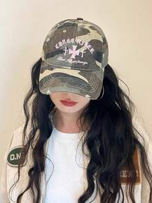 1pc Unisex American Retro Chic Camo Cross Embroidery Baseball Cap, Streetwear Style, Versatile For Summer - Peaked Cap - View 2
