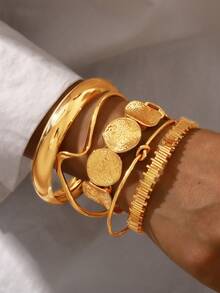 3 件/5 件/7 件复古优雅夸张宽金属素手镯套装，个性化简约高端多层珠宝适合女性、节日、派对、约会、礼物、日常搭配 - 金黃色 - 查看 13