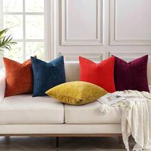 Chenille Throw Pillow Covers 24x24 Inch Set Of 2, Decorative Soft Couch Pillow Covers, Solid Dyed, Farmhouse Style, Neutral Square Pillow Cases Sofa, Home Decor - Xanh nước biển - Xem 6