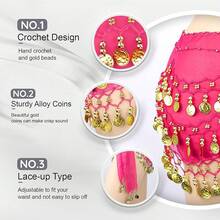 Chiffon Belly Dance Hip Scarf With 128 Coins For Yoga Class - Hot Pink - View 10