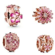 Talisman de plata de ley 925 chapado en oro rosa con diseño fijo de flor de ciruelo y animal de dibujos animados, adecuado para pulseras DIY, regalo de moda y elegante para el cumpleaños de la mujer