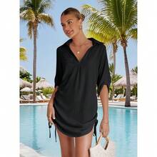 Local Delivery Women's Summer Swimwear Drawstring Beach Bikini Dress Shirt Swimsuit Cover - Up Bathing Suit Coverup - 黑色 - 查看 3