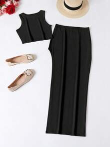 Bộ đồ nữ mùa hè màu trơn cổ tròn và chân váy xẻ tà cạp cao gợi cảm màu đen. - màu đen - Xem 3