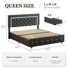 Twin/ Full/ Queen Bed Frame With Drawers, Upholstered Bed Frame With LED Lights, Modern Platform Bed Frame With Headboard And Footboard, Diamond Tufted Design, No Box Spring Needed, White/ Pink/ Black/ Purple/ Yellow (Twin Size 2 Drawers/ Other Size 4 Drawers) * Bed Frame Queen Bed Frame Bed Queen Bed Frame King Bed Frame Bedroom Furniture Bed Frame Full Full Size Bed Frame Twin Bed Frame Beds Cozy Bedroom Home Bedroom Refresh Room Decor Home Decor Christmas Decor Bedroom Decor Valentine Day Decor Storage Living Room Decor Furniture House Decor Halloween Decorations  ( USB LED Strip) - 黑色 - 查看 9