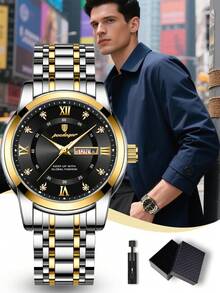 POEDAGAR 1件装男士休闲不锈钢石英双日期手表，商务防水夜光男士手表，适合日常场合的奢华男士腕表，男士礼物 - 黑色 - 查看 10