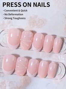 24片椭圆形3D凝胶美甲贴纸，花朵美甲设计，饰以仿珍珠，法式亚克力按压式美甲贴片，短款完美贴合，包含1片果冻凝胶和1个指甲锉，易于佩戴，适合女性和女孩日常、派对及其他场合的美甲用品。 - 彩色 - 查看 2