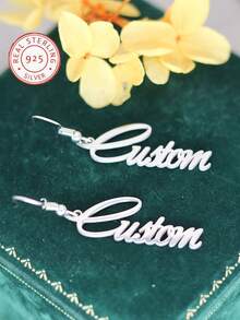 Unique Customizable Handwriting Style Jewelry, 925 Sterling Silver Personalized Name Earrings, Elegant And Fashionable Gifts, Suitable For Women, Everyday Occasions And Gift-Giving Occasions, All Seasons - Silver - View 5