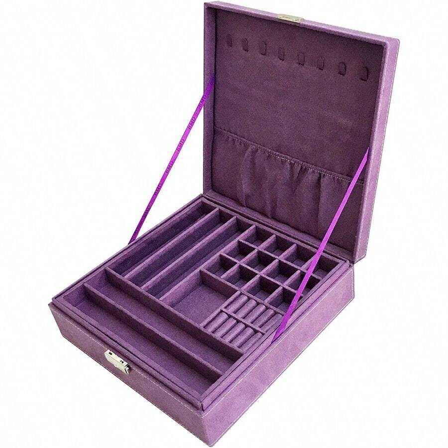 Purple Double Layered Lint Jewelry Box Organizer With Locking System - Purple(Lint) - View 1
