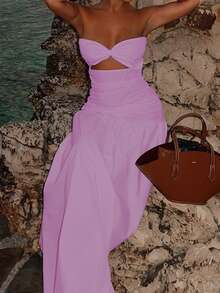 Vestido de vacaciones de línea A sin tirantes y calado, sexy y casual, para primavera/verano - Púrpura malva - Ver 3