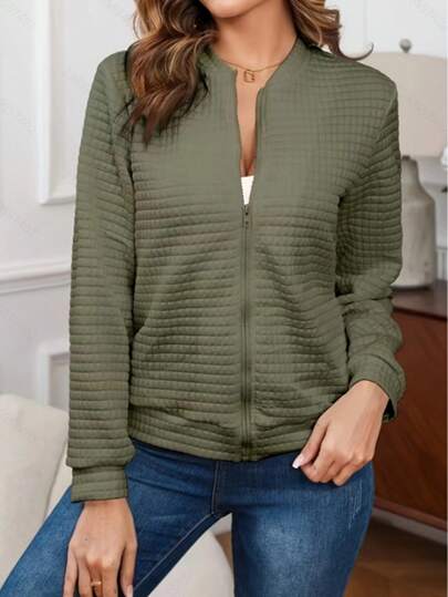 Giacca casual con zip, stile europeo e americano, da donna, in maglia traforata