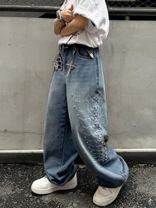 1 pieza Jeans de pierna ancha y ajuste holgado con bordado retro estilo americano, pantalones casuales de calle alta personalizados con remaches y perlas, unisex (cinturón y accesorios no incluidos) - Azul - Ver 7