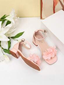 Sandal Musim Panas Ujung Persegi Tumit Persegi Dekorasi Bunga Sepatu Dansa Hak Tinggi Anak Perempuan Sandal Aktivitas Sehari-hari Pertunjukan Siswa - Berwarna merah muda - View 6