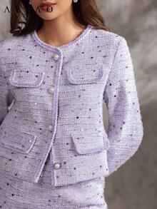 Aliao 精致亮片粗花呢外套，秋季上衣，优雅端庄的女士上衣，返校服装，秋季女装，婚礼宾客上衣 - 淡紫色 - 查看 2