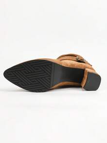 女士新款时尚棕色、黑色尖头一脚蹬粗跟中筒靴和长靴 - 棕色 - 查看 8